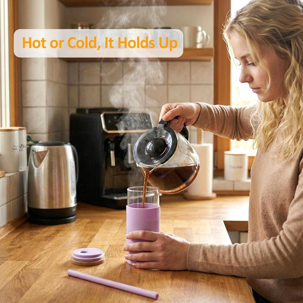 16 Oz Glass Tumbler with Lids and Straw, Reusable Iced Coffee Cup & Smoothie Cup with Bamboo Lid, Silicone Sleeve, Dishwasher Safe, Bpa-Free Borosilicate Glass, 1 Pack