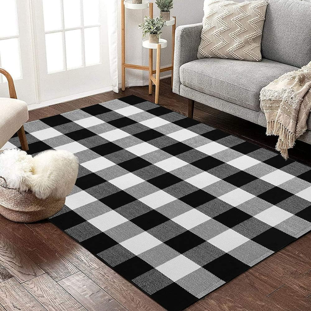 Buffalo Plaid Rug - 36"X59" Black and White Check Door Mat Outdoor - Washable Farmhouse Rugs for Kitchen/Bathroom/Front Porch/Décor - Layered Welcome Doormats - Checkered Cotton Entry Layering Mats