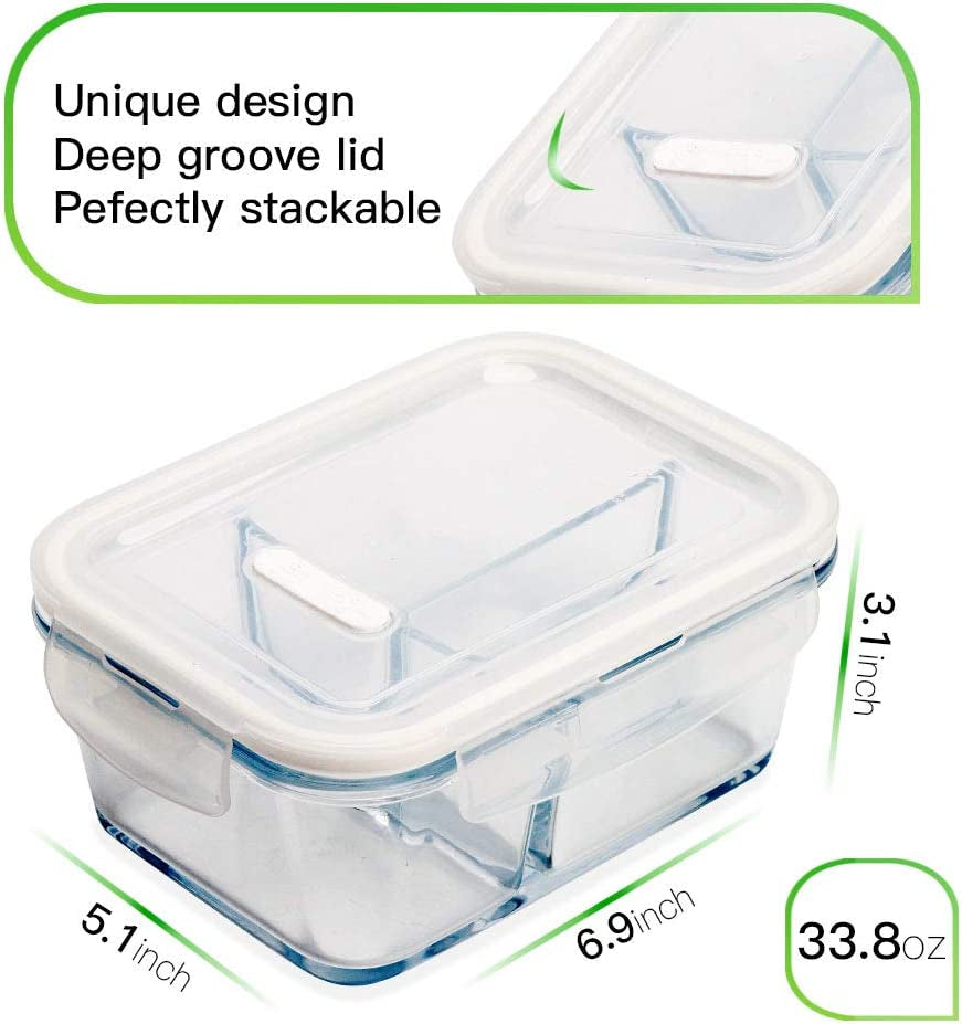 3 Pack 36Oz Bento Box Glass Meal Prep Containers with 3 Compartments, Glass Food Storage Containers with Lids, Meal Prep Bowls, Lunch Box, Oven & Microwave Safe