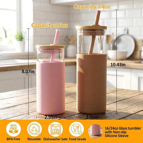 16 Oz Glass Tumbler with Lids and Straw, Reusable Iced Coffee Cup & Smoothie Cup with Bamboo Lid, Silicone Sleeve, Dishwasher Safe, Bpa-Free Borosilicate Glass, 1 Pack
