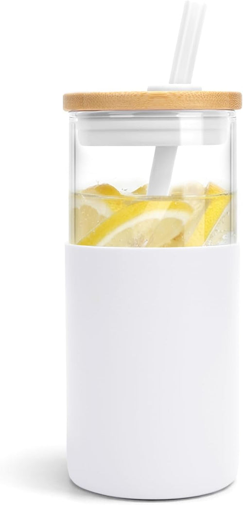 16 Oz Glass Tumbler with Lids and Straw, Reusable Iced Coffee Cup & Smoothie Cup with Bamboo Lid, Silicone Sleeve, Dishwasher Safe, Bpa-Free Borosilicate Glass, 1 Pack